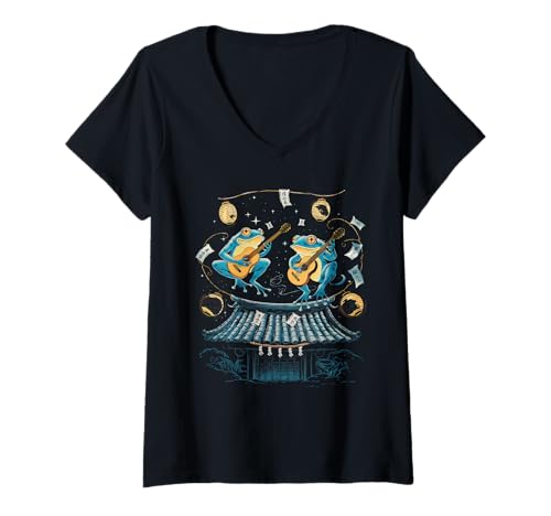 Damen Frosch Tshirt Gitarre Rockmusik Kawaii Japan Anime T-Shirt mit V-Ausschnitt Damen Frosch Tshirt Gitarre Rockmusik Kawaii Japan Anime T-Shirt mit V-Ausschnitt von Gitarrist TShirt Japanische Frosch Rock musik
