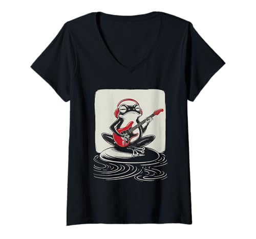 Damen Frosch Tshirt Gitarre Rockmusik Kawaii Japan Anime T-Shirt mit V-Ausschnitt Damen Frosch Tshirt Gitarre Rockmusik Kawaii Japan Anime T-Shirt mit V-Ausschnitt von Gitarrist TShirt Japanische Frosch Rock musik