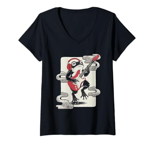 Damen Frosch Tshirt Gitarre Rockmusik Kawaii Japan Anime T-Shirt mit V-Ausschnitt Damen Frosch Tshirt Gitarre Rockmusik Kawaii Japan Anime T-Shirt mit V-Ausschnitt von Gitarrist TShirt Japanische Frosch Rock musik