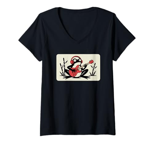 Damen Frosch Tshirt Gitarre Rockmusik Kawaii Japan Anime T-Shirt mit V-Ausschnitt Damen Frosch Tshirt Gitarre Rockmusik Kawaii Japan Anime T-Shirt mit V-Ausschnitt von Gitarrist TShirt Japanische Frosch Rock musik