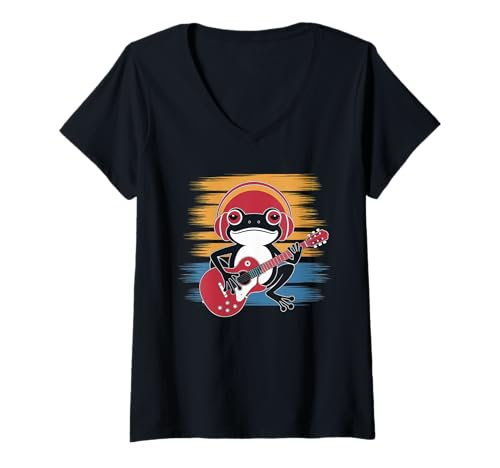 Damen Frosch Tshirt Gitarre Rockmusik Kawaii Japan Anime T-Shirt mit V-Ausschnitt von Gitarrist TShirt Japanische Frosch Rock musik