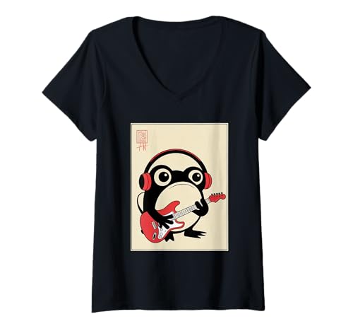 Damen Frosch Tshirt Gitarre Rockmusik Kawaii Japan Anime T-Shirt mit V-Ausschnitt von Gitarrist TShirt Japanische Frosch Rock musik