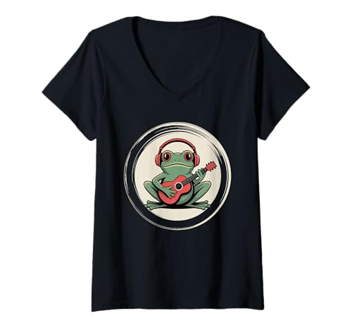 Damen Frosch Tshirt Gitarre Rockmusik Kawaii Japan Anime T-Shirt mit V-Ausschnitt Damen Frosch Tshirt Gitarre Rockmusik Kawaii Japan Anime T-Shirt mit V-Ausschnitt von Gitarrist TShirt Japanische Frosch Rock musik