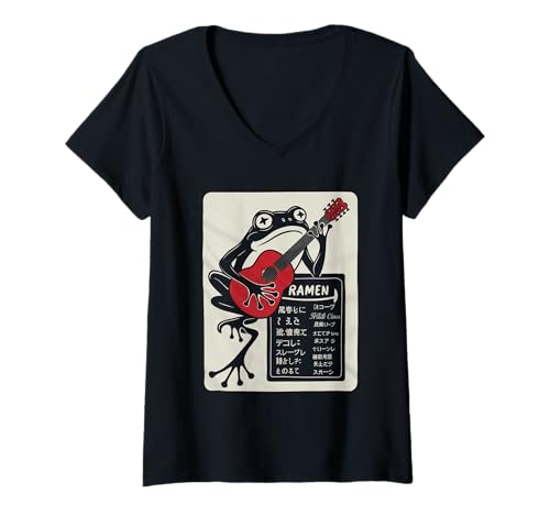 Damen Frosch Tshirt Gitarre Rockmusik Kawaii Japan Anime T-Shirt mit V-Ausschnitt von Gitarrist TShirt Japanische Frosch Rock musik