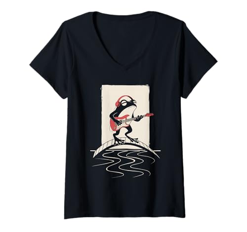 Damen Frosch Tshirt Gitarre Rockmusik Kawaii Japan Anime T-Shirt mit V-Ausschnitt Damen Frosch Tshirt Gitarre Rockmusik Kawaii Japan Anime T-Shirt mit V-Ausschnitt von Gitarrist TShirt Japanische Frosch Rock musik