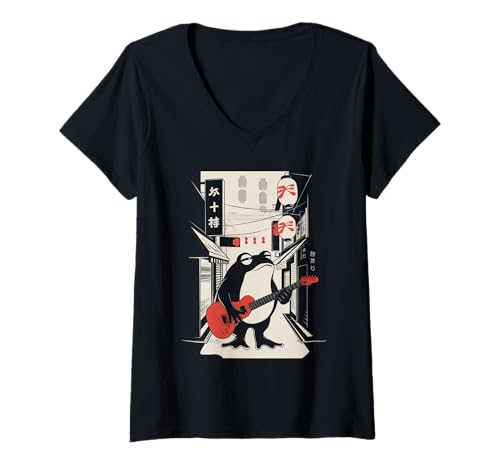 Damen Frosch Tshirt Gitarre Rockmusik Kawaii Japan Anime T-Shirt mit V-Ausschnitt Damen Frosch Tshirt Gitarre Rockmusik Kawaii Japan Anime T-Shirt mit V-Ausschnitt von Gitarrist TShirt Japanische Frosch Rock musik