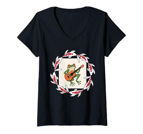 Damen Frosch Tshirt Gitarre Rockmusik Kawaii Japan Anime T-Shirt mit V-Ausschnitt Damen Frosch Tshirt Gitarre Rockmusik Kawaii Japan Anime T-Shirt mit V-Ausschnitt von Gitarrist TShirt Japanische Frosch Rock musik