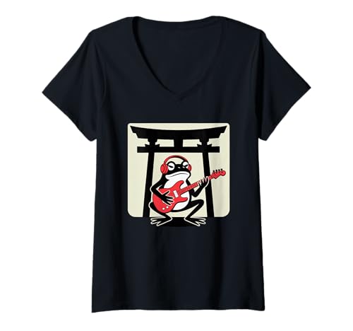 Damen Frosch Tshirt Gitarre Rockmusik Kawaii Japan Anime T-Shirt mit V-Ausschnitt Damen Frosch Tshirt Gitarre Rockmusik Kawaii Japan Anime T-Shirt mit V-Ausschnitt von Gitarrist TShirt Japanische Frosch Rock musik