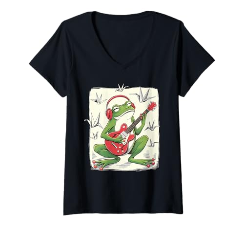Damen Frosch Tshirt Gitarre Rockmusik Kawaii Japan Anime T-Shirt mit V-Ausschnitt Damen Frosch Tshirt Gitarre Rockmusik Kawaii Japan Anime T-Shirt mit V-Ausschnitt von Gitarrist TShirt Japanische Frosch Rock musik