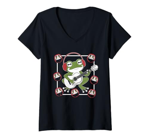 Damen Frosch Tshirt Gitarre Rockmusik Kawaii Japan Anime T-Shirt mit V-Ausschnitt Damen Frosch Tshirt Gitarre Rockmusik Kawaii Japan Anime T-Shirt mit V-Ausschnitt von Gitarrist TShirt Japanische Frosch Rock musik
