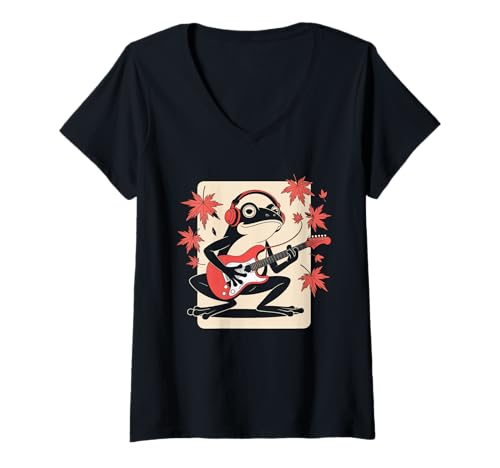Damen Frosch Tshirt Gitarre Rockmusik Kawaii Japan Anime T-Shirt mit V-Ausschnitt Damen Frosch Tshirt Gitarre Rockmusik Kawaii Japan Anime T-Shirt mit V-Ausschnitt von Gitarrist TShirt Japanische Frosch Rock musik