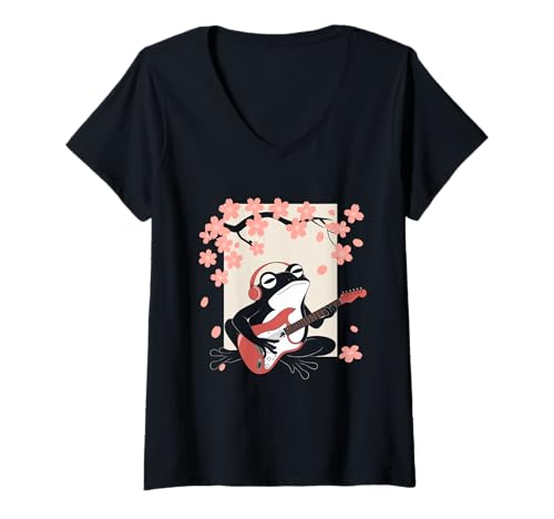 Damen Frosch Tshirt Gitarre Rockmusik Kawaii Japan Anime T-Shirt mit V-Ausschnitt Damen Frosch Tshirt Gitarre Rockmusik Kawaii Japan Anime T-Shirt mit V-Ausschnitt von Gitarrist TShirt Japanische Frosch Rock musik