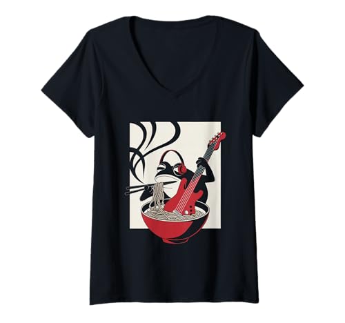 Damen Frosch Tshirt Gitarre Rockmusik Kawaii Japan Anime T-Shirt mit V-Ausschnitt Damen Frosch Tshirt Gitarre Rockmusik Kawaii Japan Anime T-Shirt mit V-Ausschnitt von Gitarrist TShirt Japanische Frosch Rock musik