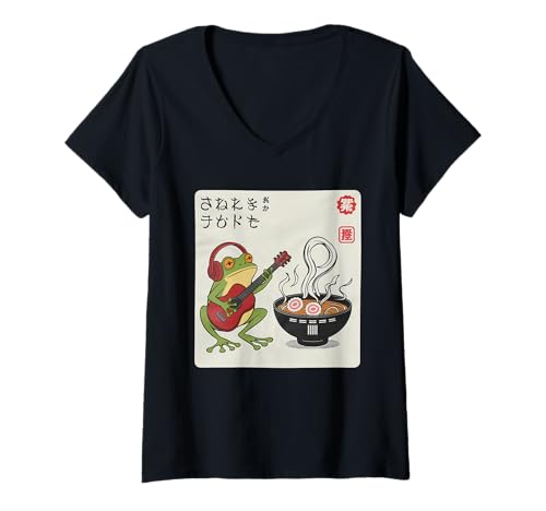 Damen Frosch Tshirt Gitarre Rockmusik Kawaii Japan Anime T-Shirt mit V-Ausschnitt Damen Frosch Tshirt Gitarre Rockmusik Kawaii Japan Anime T-Shirt mit V-Ausschnitt von Gitarrist TShirt Japanische Frosch Rock musik