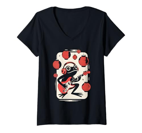 Damen Frosch Tshirt Gitarre Rockmusik Kawaii Japan Anime T-Shirt mit V-Ausschnitt von Gitarrist TShirt Japanische Frosch Rock musik