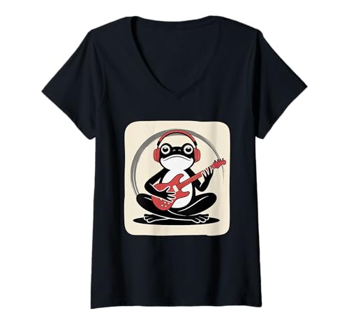 Damen Frosch Tshirt Gitarre Rockmusik Kawaii Japan Anime T-Shirt mit V-Ausschnitt Damen Frosch Tshirt Gitarre Rockmusik Kawaii Japan Anime T-Shirt mit V-Ausschnitt von Gitarrist TShirt Japanische Frosch Rock musik