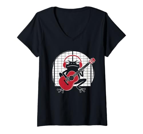 Damen Frosch Tshirt Gitarre Rockmusik Kawaii Japan Anime T-Shirt mit V-Ausschnitt Damen Frosch Tshirt Gitarre Rockmusik Kawaii Japan Anime T-Shirt mit V-Ausschnitt von Gitarrist TShirt Japanische Frosch Rock musik