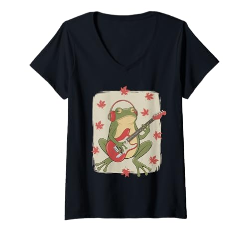 Damen Frosch Tshirt Gitarre Rockmusik Kawaii Japan Anime T-Shirt mit V-Ausschnitt Damen Frosch Tshirt Gitarre Rockmusik Kawaii Japan Anime T-Shirt mit V-Ausschnitt von Gitarrist TShirt Japanische Frosch Rock musik