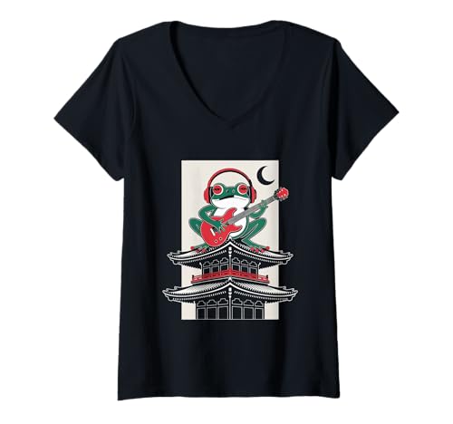 Damen Frosch Tshirt Gitarre Rockmusik Kawaii Japan Anime T-Shirt mit V-Ausschnitt Damen Frosch Tshirt Gitarre Rockmusik Kawaii Japan Anime T-Shirt mit V-Ausschnitt von Gitarrist TShirt Japanische Frosch Rock musik