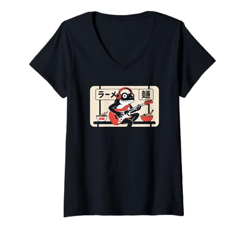 Damen Frosch Tshirt Gitarre Rockmusik Kawaii Japan Anime T-Shirt mit V-Ausschnitt Damen Frosch Tshirt Gitarre Rockmusik Kawaii Japan Anime T-Shirt mit V-Ausschnitt von Gitarrist TShirt Japanische Frosch Rock musik