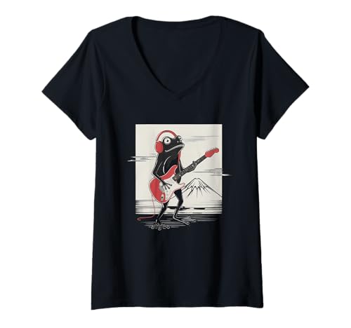 Damen Frosch Tshirt Gitarre Rockmusik Kawaii Japan Anime T-Shirt mit V-Ausschnitt von Gitarrist TShirt Japanische Frosch Rock musik
