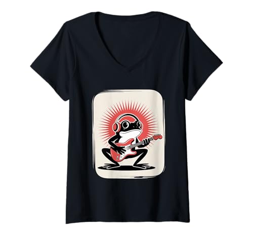 Damen Frosch Tshirt Gitarre Rockmusik Kawaii Japan Anime T-Shirt mit V-Ausschnitt Damen Frosch Tshirt Gitarre Rockmusik Kawaii Japan Anime T-Shirt mit V-Ausschnitt von Gitarrist TShirt Japanische Frosch Rock musik