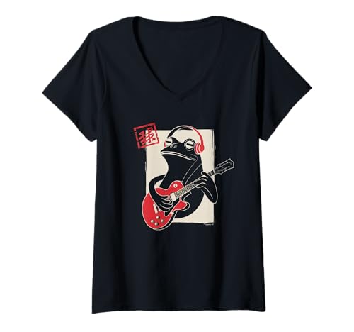 Damen Frosch Tshirt Gitarre Rockmusik Kawaii Japan Anime T-Shirt mit V-Ausschnitt Damen Frosch Tshirt Gitarre Rockmusik Kawaii Japan Anime T-Shirt mit V-Ausschnitt von Gitarrist TShirt Japanische Frosch Rock musik
