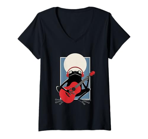 Damen Frosch Tshirt Gitarre Rockmusik Kawaii Japan Anime T-Shirt mit V-Ausschnitt Damen Frosch Tshirt Gitarre Rockmusik Kawaii Japan Anime T-Shirt mit V-Ausschnitt von Gitarrist TShirt Japanische Frosch Rock musik
