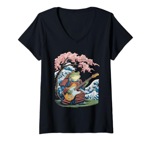 Damen Frosch Tshirt Gitarre Rockmusik Kawaii Japan Anime T-Shirt mit V-Ausschnitt Damen Frosch Tshirt Gitarre Rockmusik Kawaii Japan Anime T-Shirt mit V-Ausschnitt von Gitarrist TShirt Japanische Frosch Rock musik