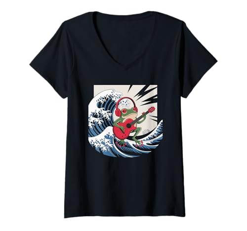 Damen Frosch Tshirt Gitarre Rockmusik Kawaii Japan Anime T-Shirt mit V-Ausschnitt Damen Frosch Tshirt Gitarre Rockmusik Kawaii Japan Anime T-Shirt mit V-Ausschnitt von Gitarrist TShirt Japanische Frosch Rock musik