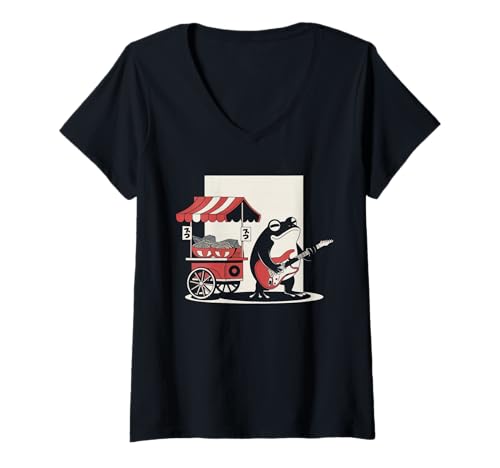 Damen Frosch Tshirt Gitarre Rockmusik Kawaii Japan Anime T-Shirt mit V-Ausschnitt Damen Frosch Tshirt Gitarre Rockmusik Kawaii Japan Anime T-Shirt mit V-Ausschnitt von Gitarrist TShirt Japanische Frosch Rock musik