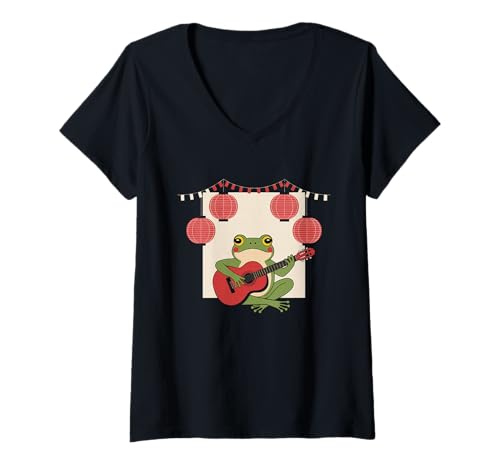 Damen Frosch Tshirt Gitarre Rockmusik Kawaii Japan Anime T-Shirt mit V-Ausschnitt von Gitarrist TShirt Japanische Frosch Rock musik