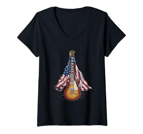 Damen Gitarre Tshirt Herren Damen Gitarrist Musik Rock USA Flagge T-Shirt mit V-Ausschnitt Damen Gitarre Tshirt Herren Damen Gitarrist Musik Rock USA Flagge T-Shirt mit V-Ausschnitt von Gitarrist TShirt Patriotic USA Rock American