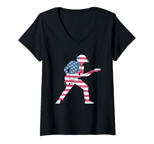Damen Gitarre Tshirt Herren Damen Gitarrist Musik Rock USA Flagge T-Shirt mit V-Ausschnitt Damen Gitarre Tshirt Herren Damen Gitarrist Musik Rock USA Flagge T-Shirt mit V-Ausschnitt von Gitarrist TShirt Patriotic USA Rock American