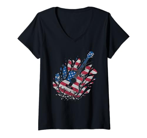 Damen Gitarre Tshirt Herren Damen Gitarrist Musik Rock USA Flagge T-Shirt mit V-Ausschnitt Damen Gitarre Tshirt Herren Damen Gitarrist Musik Rock USA Flagge T-Shirt mit V-Ausschnitt von Gitarrist TShirt Patriotic USA Rock American