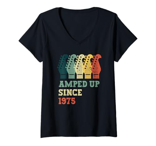 Damen Amped Seit 1975 Retro Geburtstagsgitarrenmusik Geburtsjahr T-Shirt mit V-Ausschnitt Damen Amped Seit 1975 Retro Geburtstagsgitarrenmusik Geburtsjahr T-Shirt mit V-Ausschnitt von Gitarristen 6 Saiten