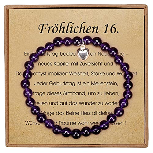 Geschenke für 16 Geburtstag Mädchen Amethyst Armband mit Herz Anhänger aus Sterling Silber Süße 16 Geschenke für Mädchen mit Message Card und Geschenkbox von Giuesytic