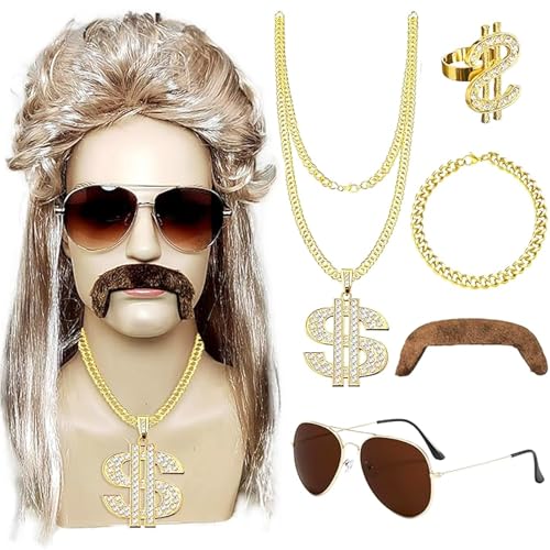 Vokuhila Perücke, 6er Vokuhila Perücke Herren, Männer Blonde Vokuhila 80er Perücke, Blond Perücken Sonnenbrille Halskette Bart, 80er Jahre Outfit Herren für Karneval,Mottoparty,Cosplay,Party Vokuhila Perücke, 6er Vokuhila Perücke Herren, Männer Blonde Vokuhila 80er Perücke, Blond Perücken Sonnenbrille Halskette Bart, 80er Jahre Outfit Herren für Karneval,Mottoparty,Cosplay,Party von Giugio