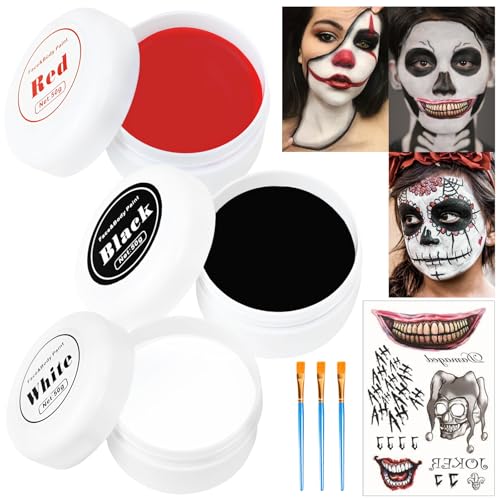 Halloween Clown Makeup Schwarz Weiß Rot Creme Gesicht Körperfarbe, Gesichtsfarbe + Schminkpinsel+Gruselig Tattoos, Zombie Vampire Skelett SFX Makeup Ölbasierte Malerei für Erwachsene von Giugio