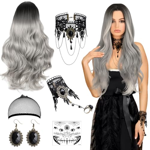 Perücke Halloween Damen, Halloween Accessoires Damen, 70cm Grau Lang Wellte Lockig, Halloween Kostüm Damen, mit Gothic Schmuck Damen für Halloween, Karneval, Maskerade und Cosplay(7 Stück) von Giugio