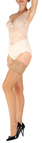 Giulia 20 DEN sexy halterlose Strümpfe floral gemusterter, bereiter Spitzenband Blumenmuster Silikonband Passion 20 Beige M/L von Giulia