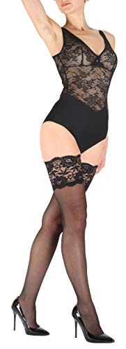 Giulia 20 DEN sexy halterlose Strümpfe floral gemusterter, bereiter Spitzenband Blumenmuster Silikonband Passion 20 Schwarz M/L von Giulia