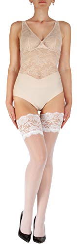 Giulia 20 DEN sexy halterlose Strümpfe floral gemusterter, bereiter Spitzenband Blumenmuster Silikonband Passion 20 Weiß M/L von Giulia