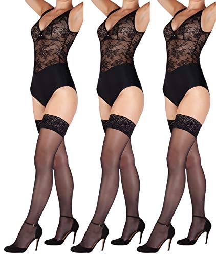 Giulia halterlose Strümpfe 20 Den (3er Set) Schwarz XS/S Blumen Muster von Giulia