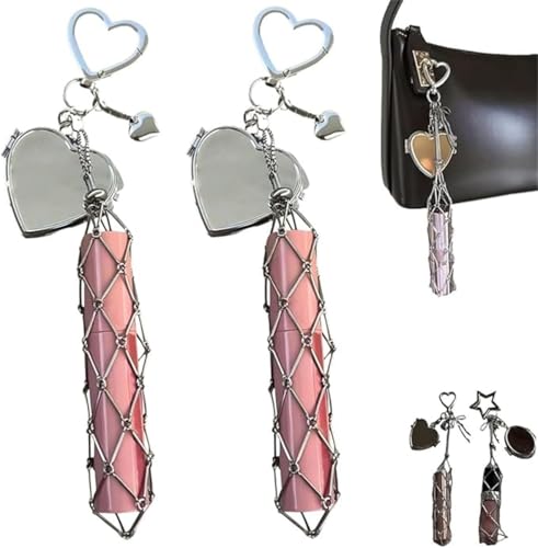 Chic Lip Gloss Holder with Mirror – Lipstick Holder Stainless, 2 in 1 Stainless Steel Lipstick Holder, Key Chain Lip Gloss, Forward & Functional Design, Cosmetic Bag Charms (Heart-2pcs) von Giurui