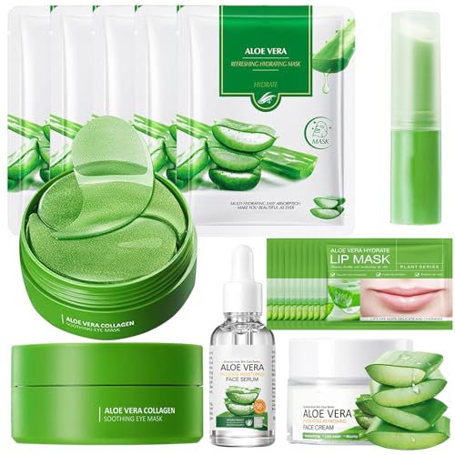 Aloe Vera Skincare Set, Hautpflegeset für Frauen, Hautpflege Set für Feuchtigkeitsspendend, Gesichtsreinigung, Gesichtswasser, Aloe Vera Gel, mit Gesichtscreme, Lippenmaske, Gesichts, Eye Patches von Giutsaull