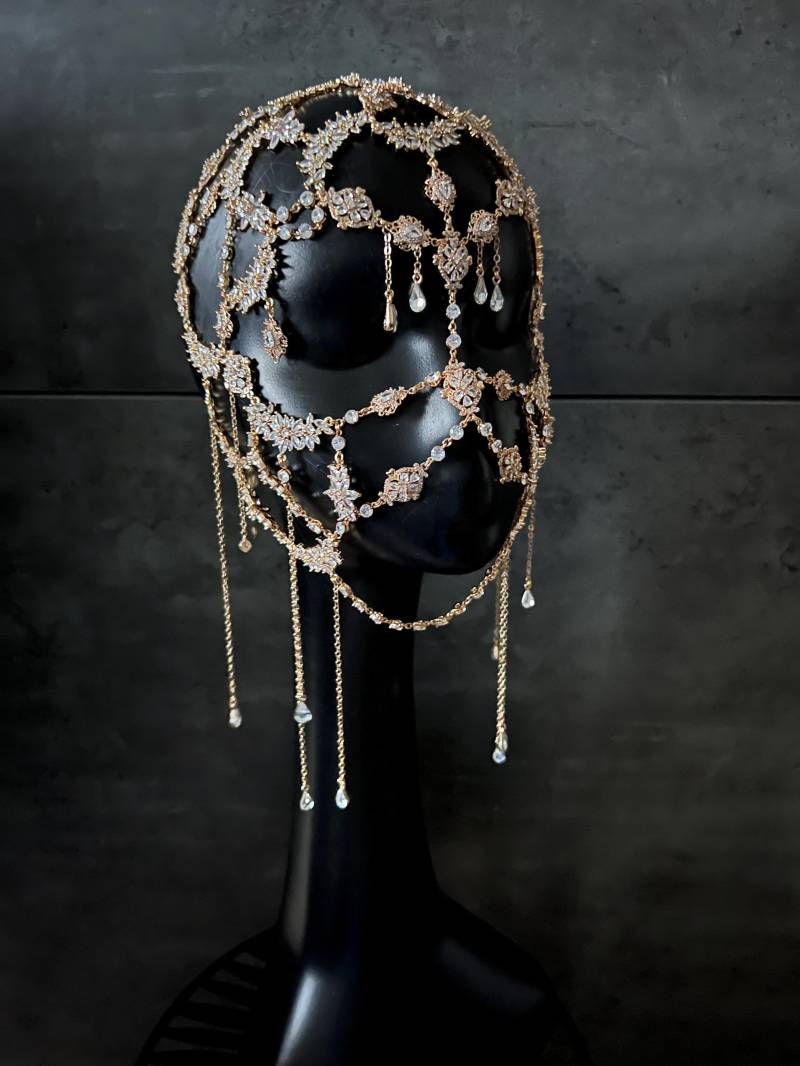 Goldene Haarkette, Headpiece-Gesichtskette, Hochzeit Kristall Kopfschmuck, Gesichtskette von GivaMyJewerly