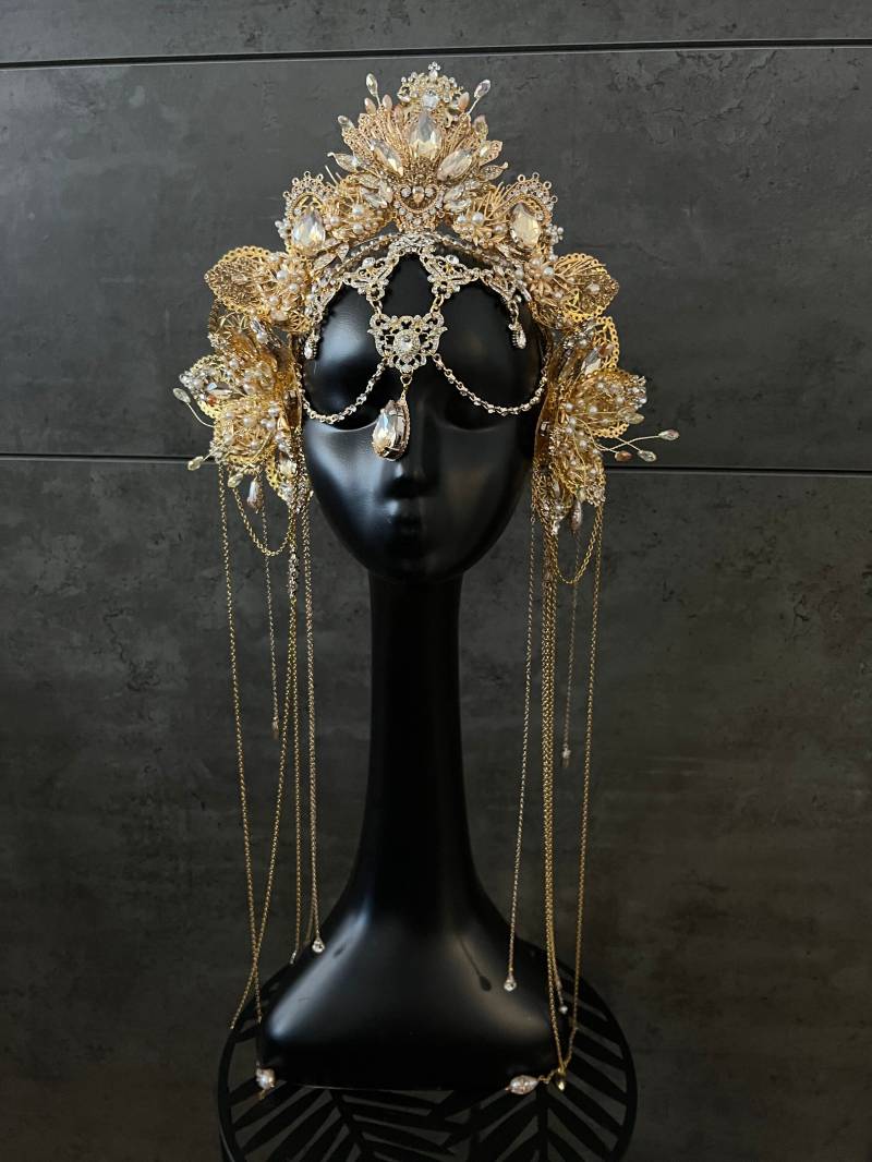 Halo-Headpiece ~ Blumen-Gold-Headpiece Halo-Krone Crystal-Headpiece Gold-Headpiece von GivaMyJewerly