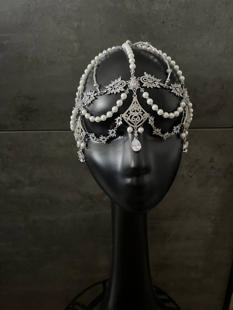 Perlen Braut Kopfschmuck ~ Silber Hochzeit Haarkette Kopf Kette Boho von GivaMyJewerly