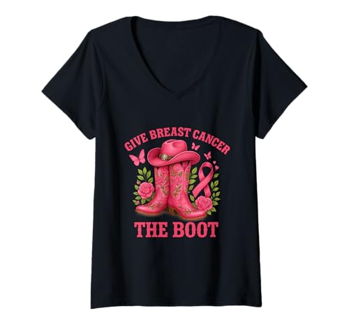 Damen Brustkrebs-Bewusstsein gibt Krebs den Stiefel T-Shirt mit V-Ausschnitt von Give Cancer The Boot Apparel Co